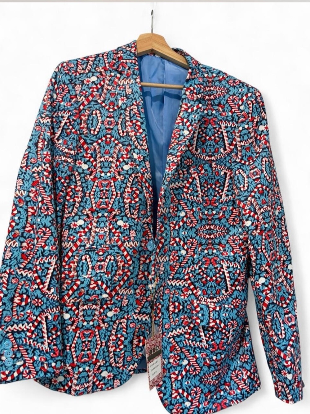 Suslo Men’s Blue & Red Candy Cane Christmas Blazer Jacket size 40M - Picture 2 of 8